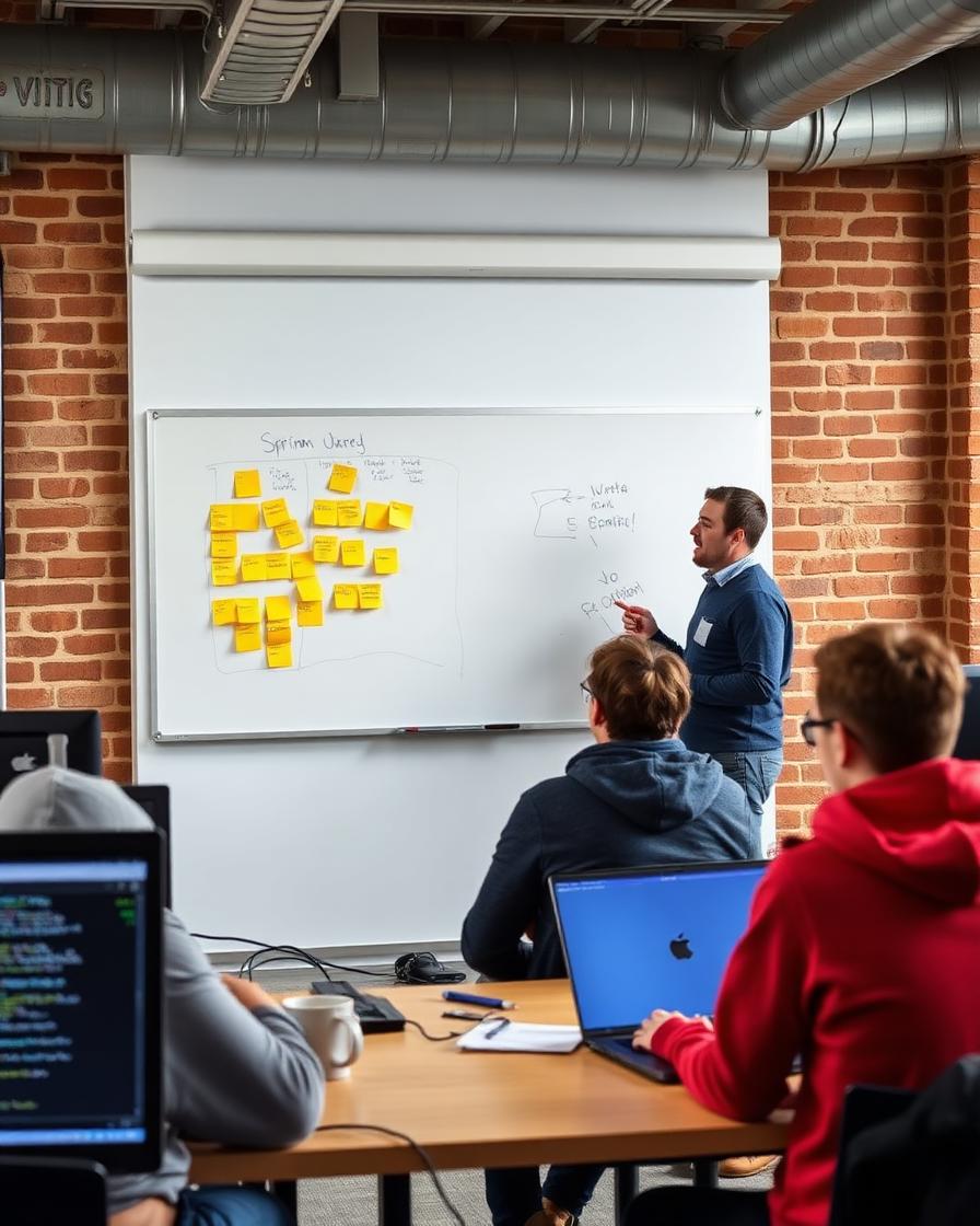 Coding bootcamp instructor at a whiteboard sprint board, two students at laptops in an exposed-brick classroom.